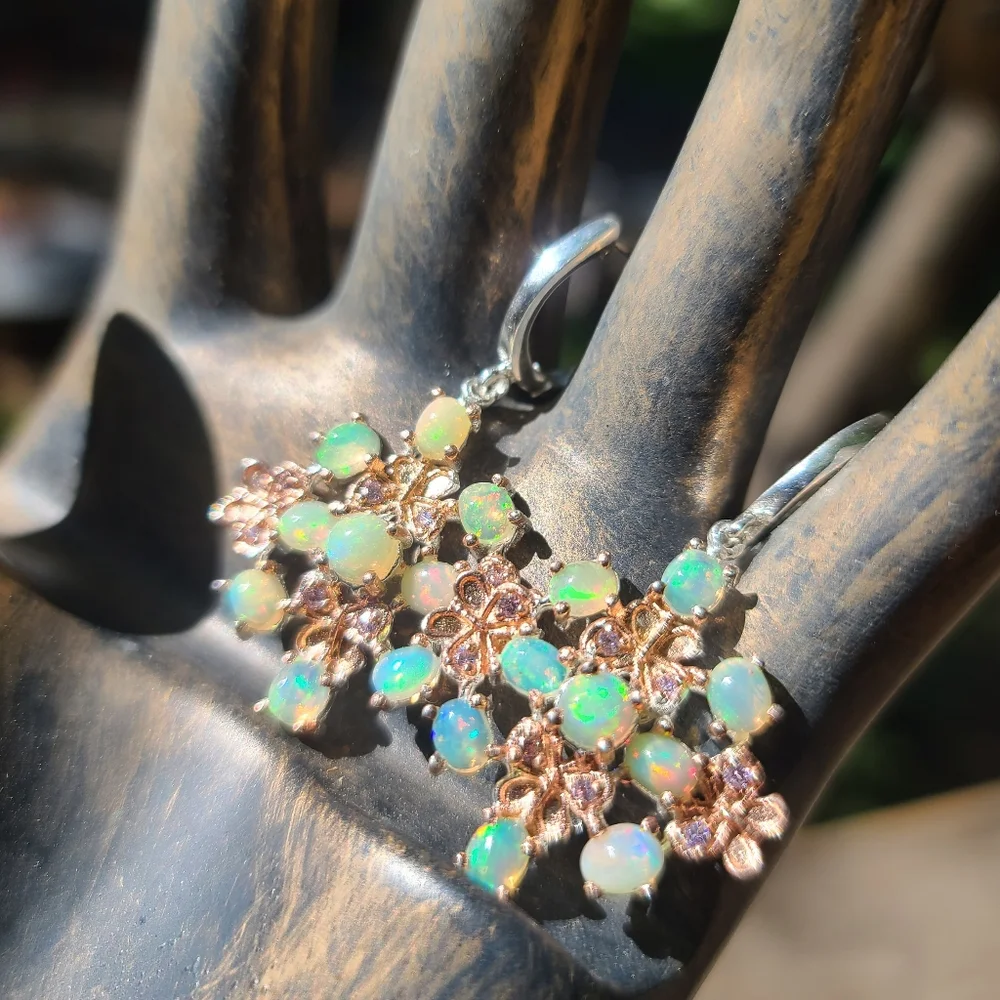 Opal & Amethyst butterfly 🦋 floral cluster earrings - Picture 4 of 10